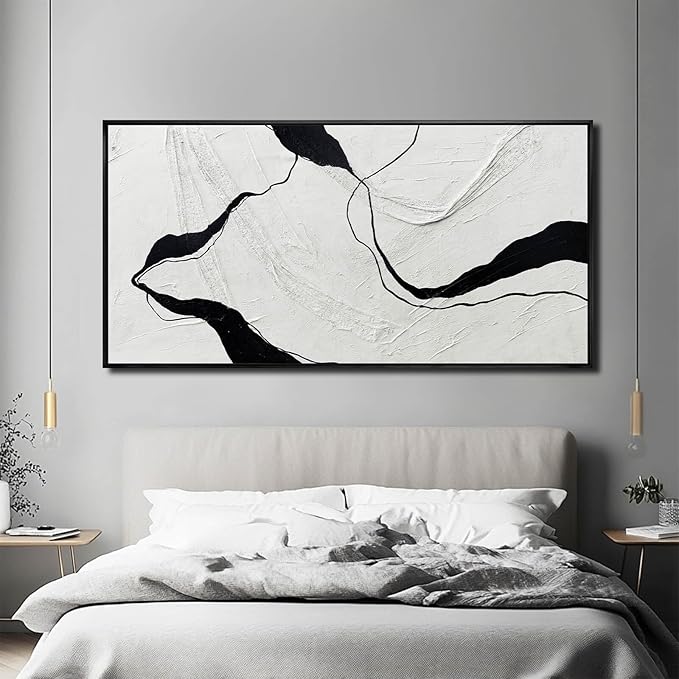Large Framed Abstract Wall Art 29"x58" Black and White Contemporary Line Canvas Neutral Wall Decor for Modern Living Room Office Bedroom