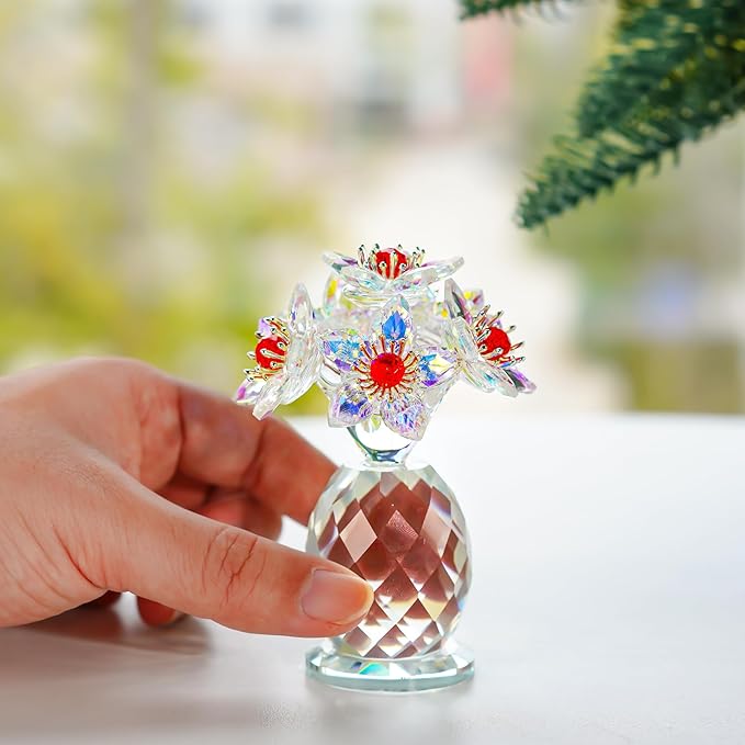 Iridescent Crystal Flower Figurine Collectibles for Women AB Color Glass Flowers Ornament Collection Crystal Christmas Decoration for Home Office