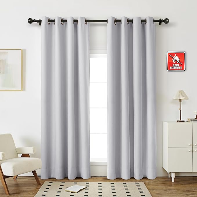 Fcosie Bronze Grommet Flame Retardant Curtains, Room Darkening Fire Resistant Drapes for Kitchen, Fireproof Drapery for Patio, 80% Light Reducing Window Drapery, Greyish White, 84Wx84L Inches, 2 PCS