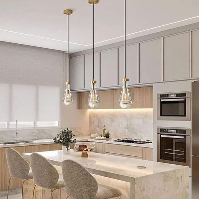 Raindrop Pendant Lights Set of 3, Pendant Lights Kitchen Island 3 Pack, Teardrop Glass Pendant Lights for Bedroom Bathroom, Island Lights, Chandelier for Living Room Hallway, Bulb Included