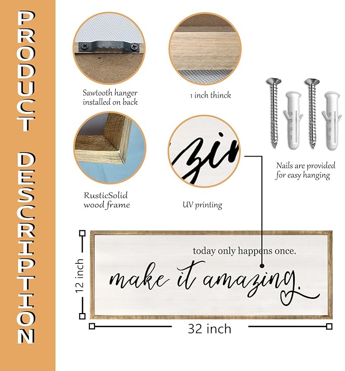 Today Only Happens Once Make It Amazing Wall Art Decor 32x12 Inch Large Inspirational Quote Sign Rustic Living Room Vintage Wood Frame Office Motivational Home Wall Hanging (Wood)