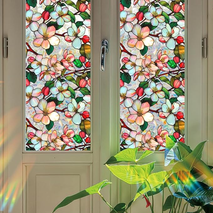Window Film, Decorative Colorful Flower Stained Static Glass Window Clings Stickers for Home Office Living Room Bedroom Glass Windows Door Decor 16.93 x 39.37 Inches