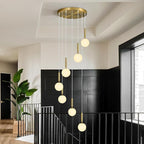 7-Lights Gold Chandelier with Milk White Glass Hanging Fixture Light for Kitchen Island Mid Century Modern Globe Pendant Light for Foyer Living Room Entryway Hallway