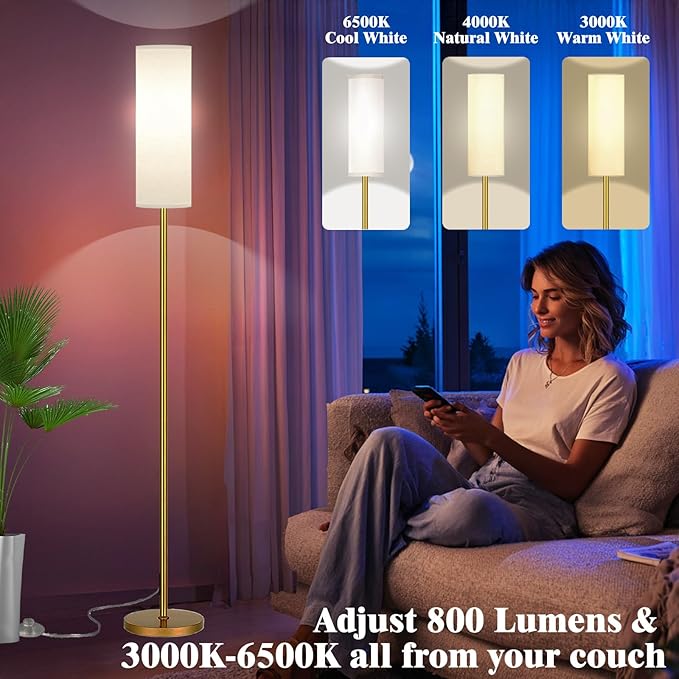Smart LED Floor Lamp with APP Control & RGB Colors - Dimmable Standing Lamp for Living Room, Bedroom, Gaming - Remote, Timer, 9W Bulb Included, 67" Modern Tall Lamp (Gold)