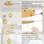 5-Light Chandelier, Globe Green Glass Flush Mount Pendant Light,15W Ceiling Hanging Light for Staircase Foyer Entryway Living Room Hotel Kitchen Island（3000K,G9 Bulbs Include）