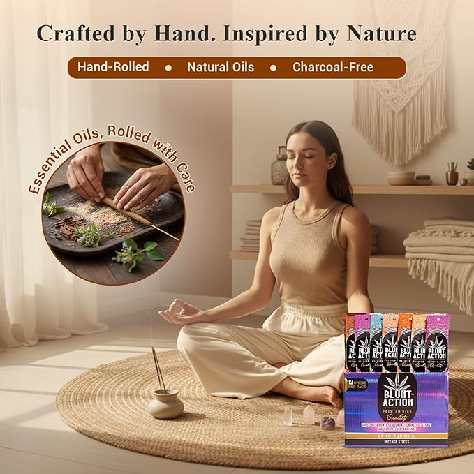 Tulasi Blunt Action Incense Sticks, 12 Packs, 144Pc, Long Lasting Fragrance, Natural Essential Oils Hand Rolled Incense Sticks for Aromatherapy, Relaxing, Yoga, Meditation, Prayer