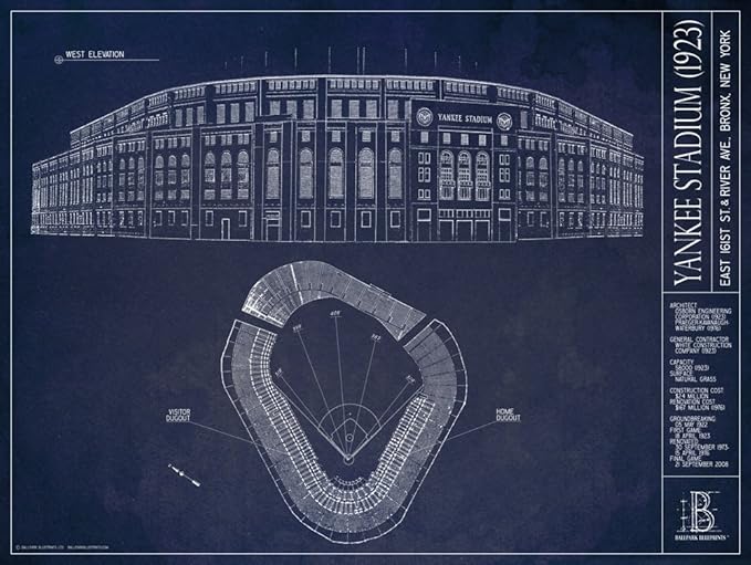 Old Yankee Stadium (1923) Blueprint Style Print