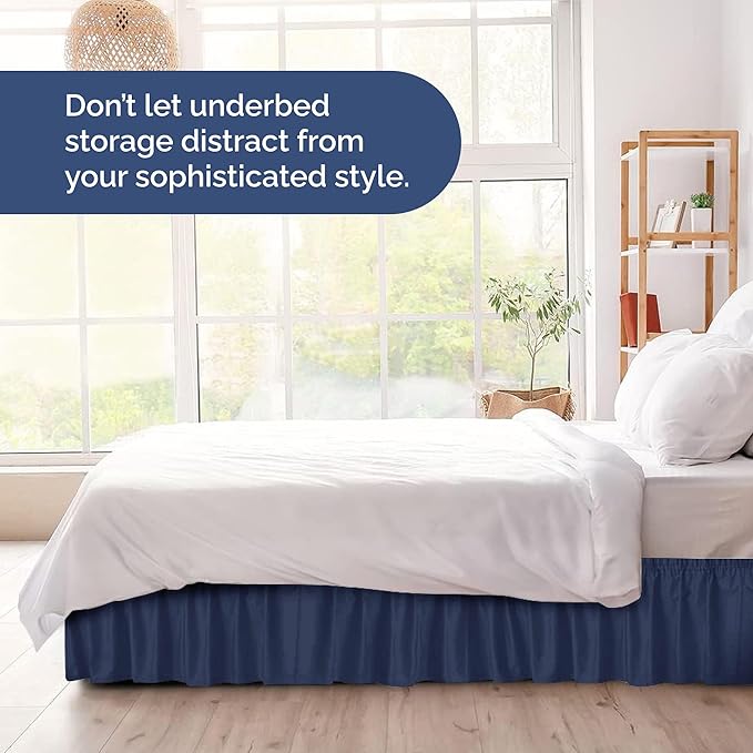 Wrap Around Dust Ruffle Bed Skirt - Navy Blue - for Queen Size Beds with 15 Inch Drop - Elastic Strap - Adjustable Pleated Bedskirt with Brushed Fabric and Wrinkle Free - for Women, Men, Kids & Teens