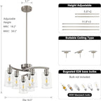 6 Light Modern Brushed Nickel Pendant Light Fixture For Dining Room，Contemporary Kitchen Light Fixtures Brushed Nickel，Adjustable Height Farmhouse Dining Chandeliers Over Table，With Glass Shade