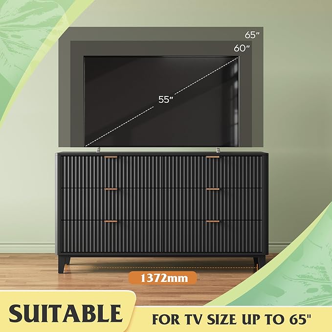 WLIVE Fluted Dresser for Bedroom with 6 Drawers, 54" Wide Wood Dresser with Golden Metal Handles, TV Stand for 65 inch TV, Mid Century Modern Chest of Drawers for Living Room, Hallway, Closet, Black