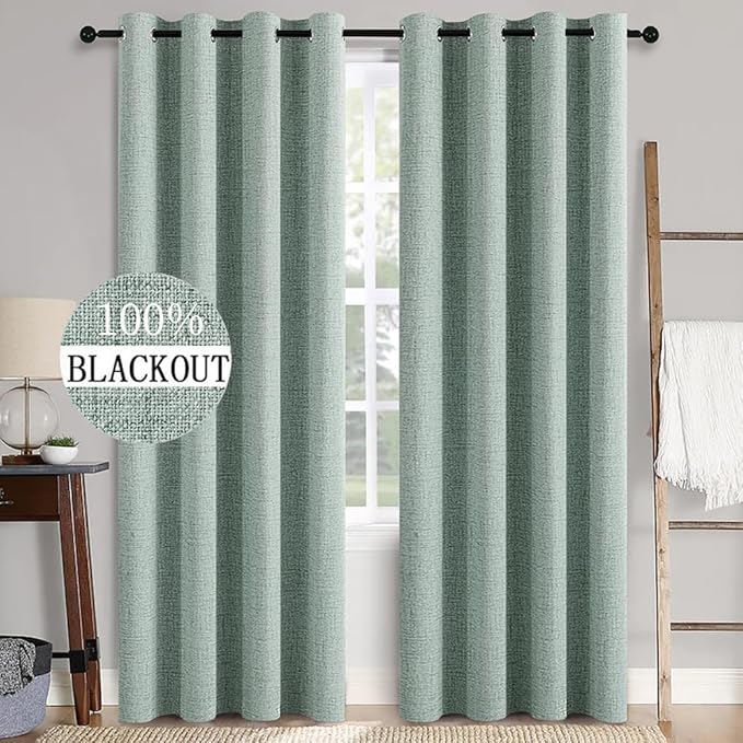 MIULEE Linen Texture Curtains for Bedroom Solid 100% Blackout Thermal Insulated Seafoam Green Curtains Grommet Room Darkening Drapes for Living Room Nursery 52x96 Inch (2 Panels)