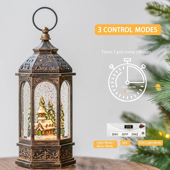 Christmas Snow Globe Lantern Lighted Church Musical Snow Water Lantern Swirling Glittering Home Decoration and Gift, Battery Operated or USB Powered