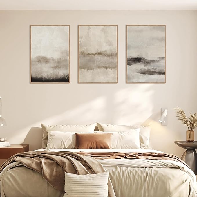 HPINUB Large Abstract Framed Canvas Wall Art Set,Minimalist Beige Gray Pastel Watercolor Wall Decor,Modern Illustration Neutral Art Painting for Living Room,Bedroom,Dining Room,Office -24"x36"x3