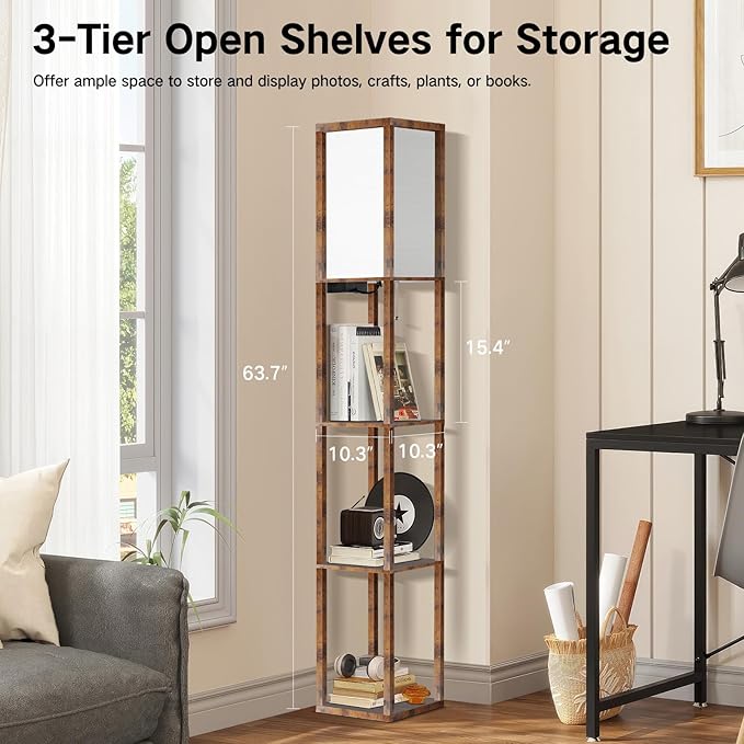 OUTON Floor Lamp with Shelves, Dimmable Shelf Floor Lamp with Remote, 1USB & 1 Type C Ports, 1 Power Outlet, Modern Standing Lamp with 4 Color Temperature for Living Room, Bedroom, Vintage