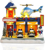 VCUTEKA Animated Christmas Village Houses, Lighted Musical Police Station Scene with Helicopter, Patrol Car, Dog, Victorian Xmas Village Collectible Building for Holiday Home Table Display Décor