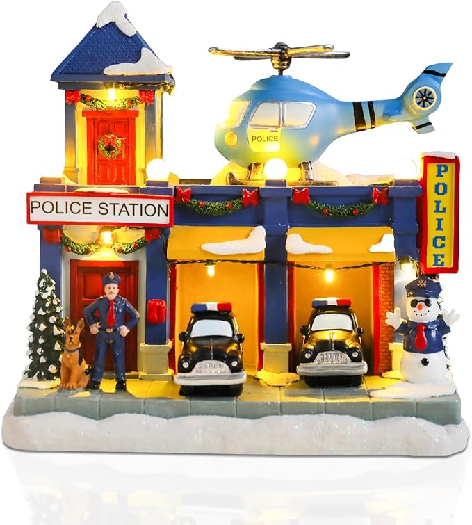 VCUTEKA Animated Christmas Village Houses, Lighted Musical Police Station Scene with Helicopter, Patrol Car, Dog, Victorian Xmas Village Collectible Building for Holiday Home Table Display Décor