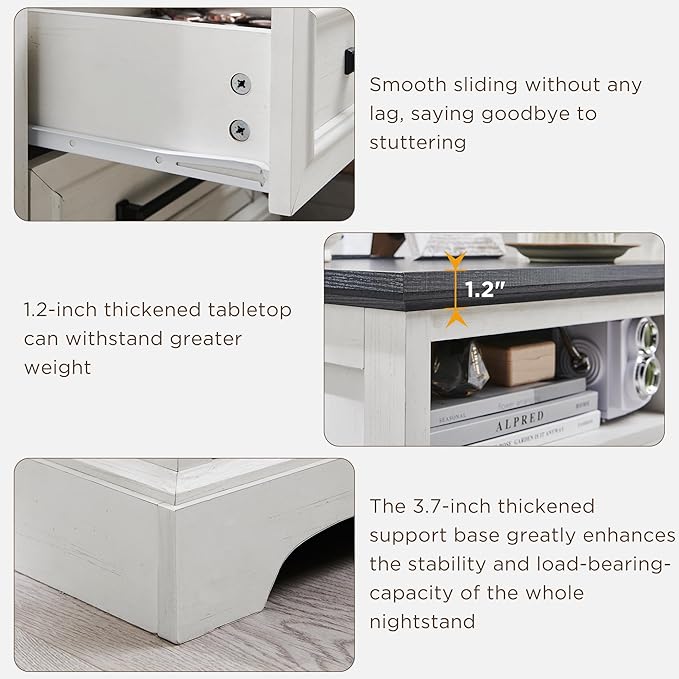 ACCOHOHO 18" Farmhouse Nightstand with Charging Station,End Table with 2 Drawers Storage,Side Table,Bedside Cabinet for Bedroom,Living Room,White