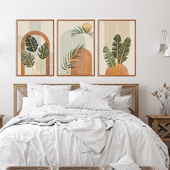 KAIRNE Boho Canvas Wall Art,Tropical Palm Leaf Wall Decor,Mid-Century Geometric Illustrations Set of 3(16”X24”),Abstract Line Pictures,Modern Botanical Prints for Living Room Bedroom Dining Room Decor