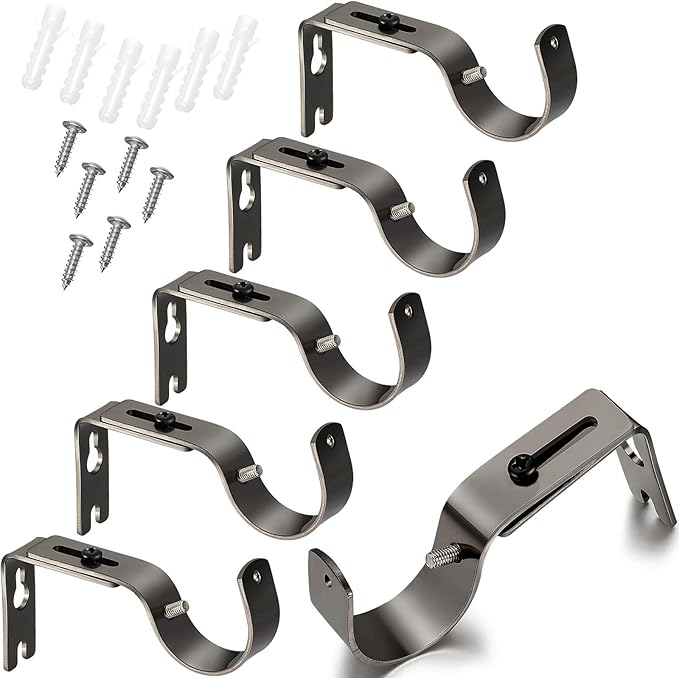 Frienda 6 Pcs Curtain Rod Brackets Adjustable Holder Wall for 1 Inch Diameter Curtain Rod General Bracket Hooks with Screws (Plating Black)