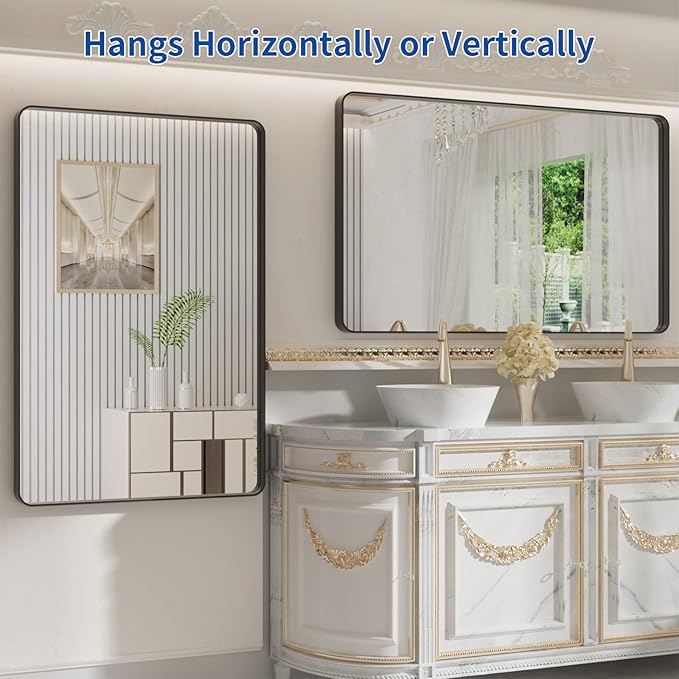 WEER Black Bathroom Mirror 48X32 Inch, Rectangular Black Metal Framed Mirror for Wall, Matte Black Vanity Mirror with Tempered Glass, Anti-Rust, Shatterproof, Hangs Horizontal or Vertical