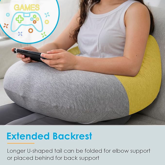 QUEEN ROSE Reading Pillow for Gaming, Lap Desk Pillow for Sitting in Bed or Sofa, Compact Arm Support Pillow for Reading, Playing or Crocheting, Cooling Grey