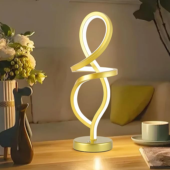 Mayful Modern RGB Table Lamp with LED Spiral Design, Gold Bedside Lamp & Nightstand Lamp, Touch Dimmable with 7 Colors & 10 Modes for Bedroom, Living Room, Home Office, 15W