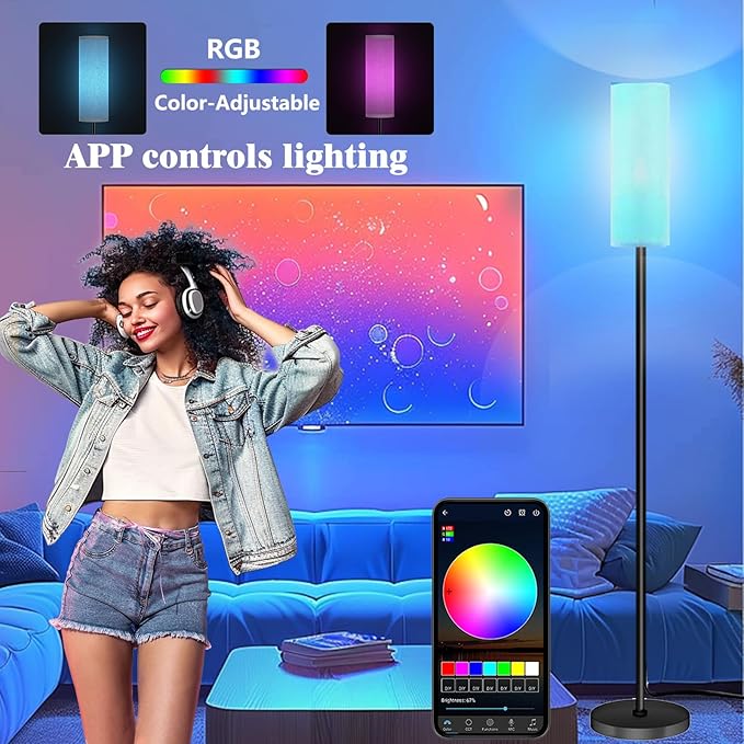 Smart LED Floor Lamp with APP Control & RGB Colors - Dimmable Standing Lamp for Living Room, Bedroom, Gaming - Remote, Timer, 9W Bulb Included, 67" Modern Tall Lamp (White)