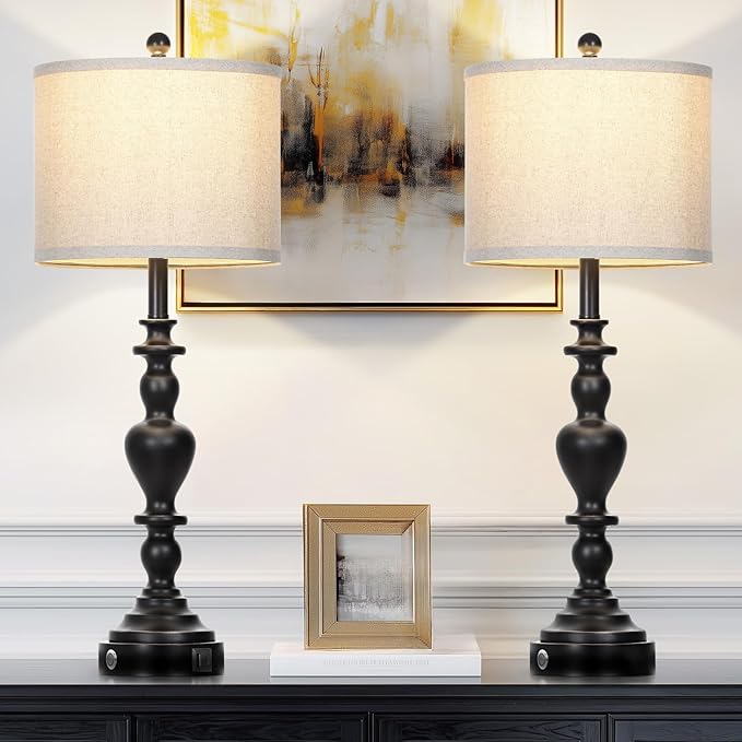 27" Vintage Table Lamps for Living Room Set of 2, Farmhouse Rustic Nightstand Lamps with USB C+A Ports, 3-Way Dimmable Bedside Lamp for Bedrooms Office Dorm, 2 LED Bulbs Included Washed Antique Black