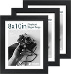 8x10 Picture Frame Set - 3 Pack, Textured Black Solid Wood, HD Tempered Glass, Gallery Photo Frame, Table or Wall Display
