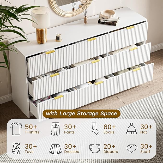 White Dresser for Bedroom, 9 Drawer Double Dresser, Modern Chest of Drawers for Bedroom, Living Room, Entryway and Closet, 63" L x 15.7" D x 31.5" H