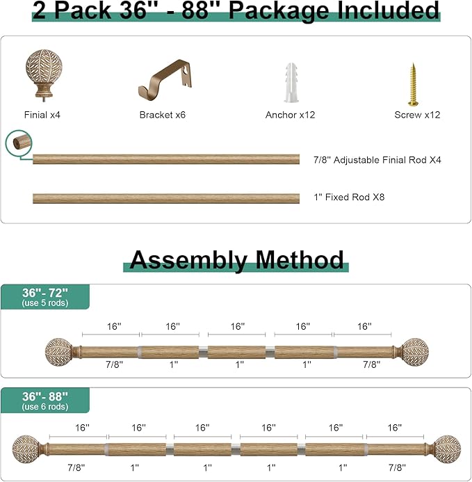 2 Pack Wood Curtain Rods for Windows 48 to 84 Inch,1'' Diameter Drapery Rods with Imitation Wood Grain Leaf Pattern Finials,Boho Adjustable Heavy Duty Curtain Rods Set,36-88'',Weathered Wood