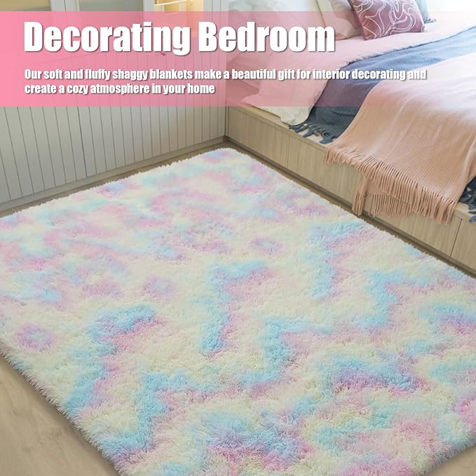 9x12 Fluffy Area Rugs for Living Room,Large Fuzzy Shag Area Rug for Bedroom,Soft Non-Shedding Indoor Plush Carpet for Kids Bedroom Nursery Home Decor,Rainbow