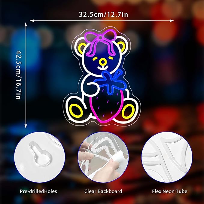 Bear Neon Sign, Neon Signs for Wall Decor Neon LED Signs Room Neon Light Up Signs Home Decor for Bedroom Club Party Bar Shop USB Operated