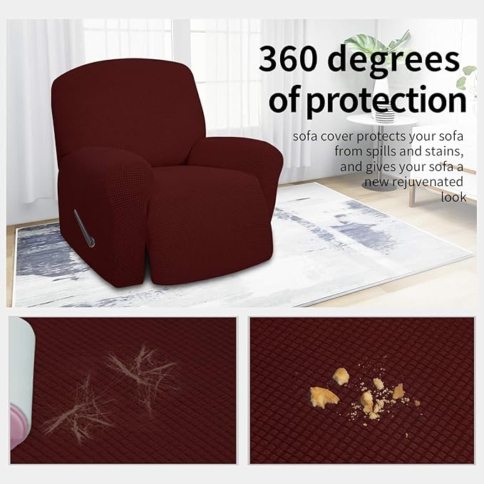 Easy-Going 4 Pieces Oversized Recliner Stretch Sofa Slipcover Sofa Cover Furniture Protector Couch Soft with Elastic Bottom Polyester Spandex Jacquard Fabric Small Checks Wine,X-Large
