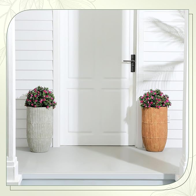 Yunlly Set of 2 Artificial Boxwood Topiary Ball Tree Fake Bushes Shrubs Outdoor Faux Plant with Ground Spike Flowers UV Resistance Greenery for Front Porch Garden Patio Indoor(Pink,18x10inch)