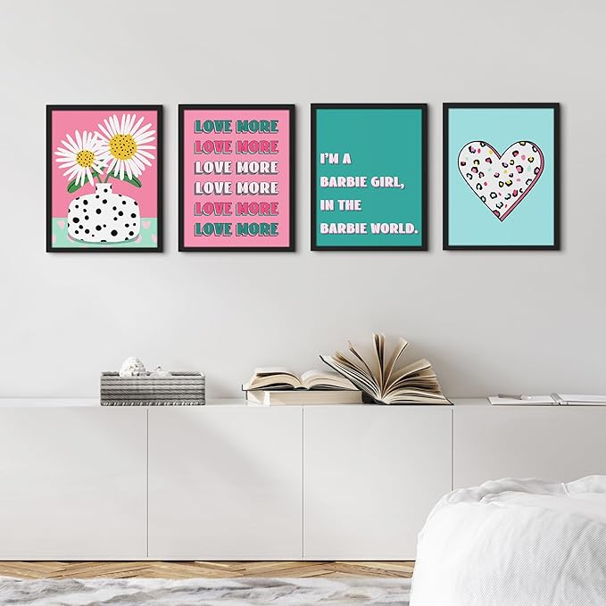SIGNWIN Framed I'm a Barbie Girl in The Barbie World Wall Art, Set of 4 Heart, Chrysanthemum Illustration Wall Decor Prints, Preppy Room Decor Wall Décor for Living Room, Bedroom - 12"x16" Black