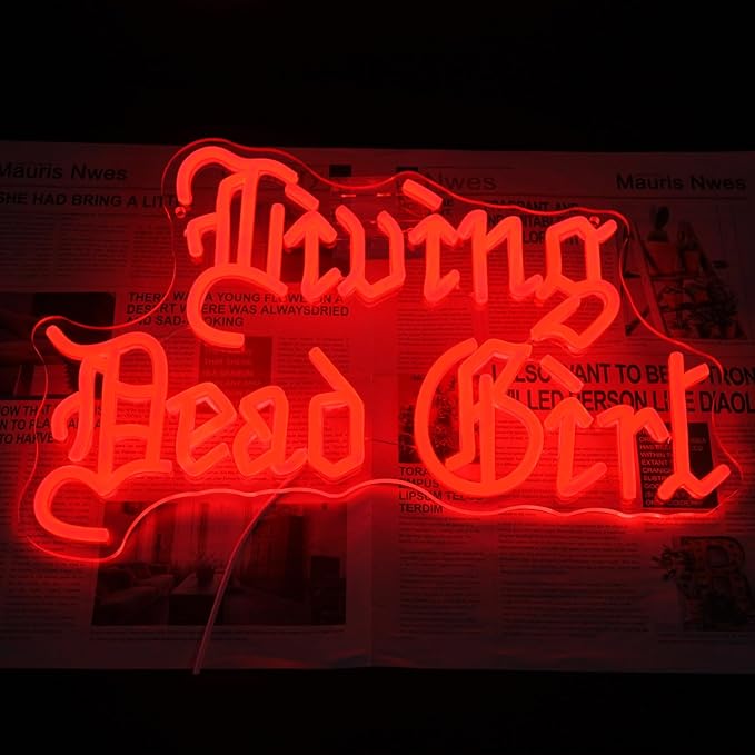 Living Dead Girl Neon Sign Gothic Scary Neon Light Red Letter LED Sign Dimmable Phrase Neon Light Up Signs for Haunted Mansion Halloween Party Horror Room Decor Words Lights Old English Font