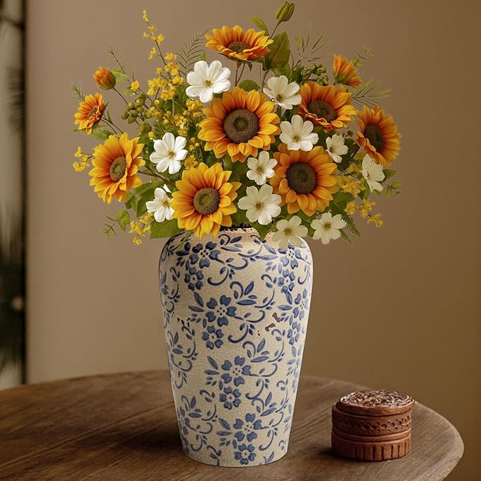 BEAHOT 8.6 Inch Chinoiserie Ceramic Vase – Blue and White Tall Vintage Flower Vase, Large Retro Chinoiserie Cracked Porcelain Decor for Living Room Centerpieces, Bookshelf, Grand Millennial Decor