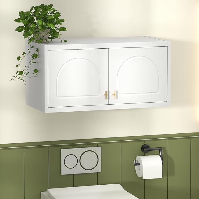 Wall Cabinet with Doors, Small Hanging Cabinet for Kitchen Pantry, Metal Overhead Cabinets for Dining, Living Room, Bathroom, 16" D x 32" W x 15" H, White, Assembly Required