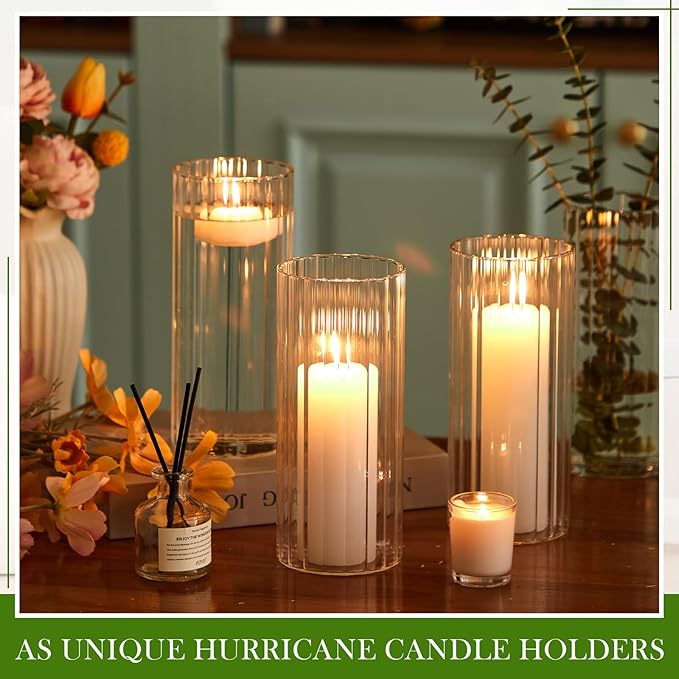 6 Pcs 8 Inch Tall Glass Ribbed Cylinder Vases Clear Floating Candle Flower Vase in Bulk, Hurricane Candle Holder for Wedding Housewarming Gift Table Centerpieces