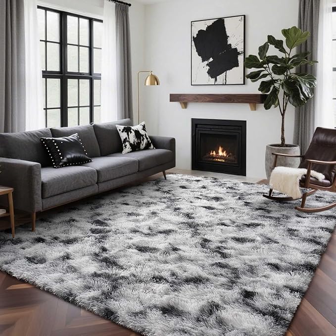 5x7 Ft Large Shag Rugs for Bedroom Living Room Decor for Men Boys, Tie Dyed Ultra Soft Fluffy Furry Area Rug for Indoor Floor, Aesthetic Carpet for Home Decor (Black White)