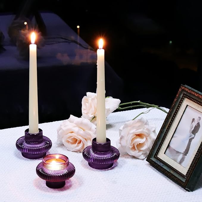 VOHO Purple Taper Candle Holders Ribbed Glass Gifts, 6 A Pack Candlestick Holders for Table Centerpiece Christmas/Halloween Decorations, Versatile Candle Holders for Candlesticks or Tea Lights Candles