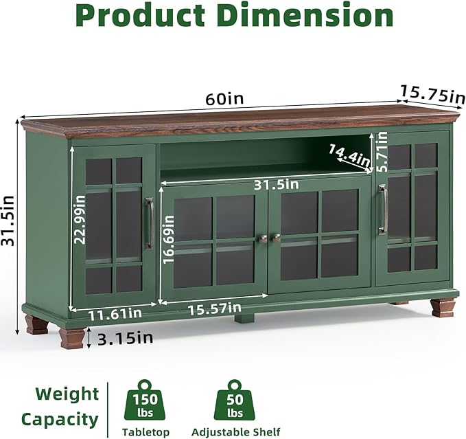 Large Sideboard Buffet Cabinet with Storage, Vintage Green Farmhouse 60" Wide Credenza Accent Cabinets with Glass Doors & Wood Legs, Kitchen Coffee Bar Table for Dining Room, Living Room