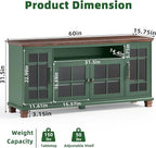 Large Sideboard Buffet Cabinet with Storage, Vintage Green Farmhouse 60" Wide Credenza Accent Cabinets with Glass Doors & Wood Legs, Kitchen Coffee Bar Table for Dining Room, Living Room