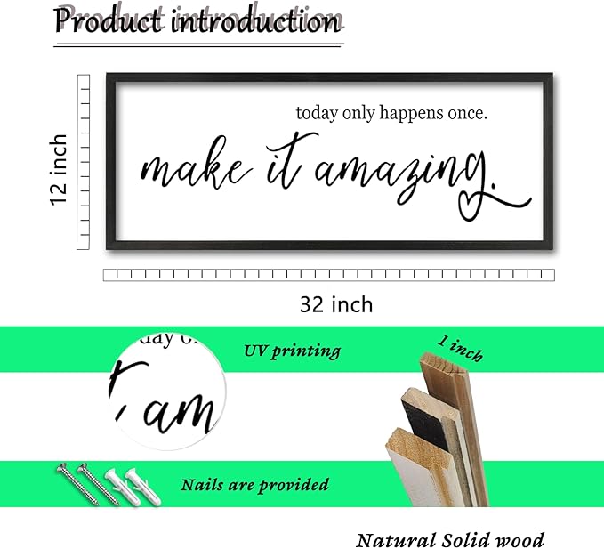 Inspirational Wall Art Today Only Happens Once Make It Amazing Sign 32"×12" Motivational Quote Farmhouse Positive Decor for Home Office Living Room Large Wood Framed Hanging (Black)