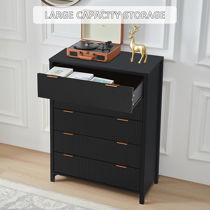 5 Drawer Dressers for Bedroom, Modern Closet Chest of Drawers with Waveform Fluted Panel, Large Wood Storage Dresser Organizer for Nursery Bedroom Living Room Hallway Closet, Black
