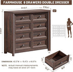 Farmhouse 8 Drawer Dresser for Bedroom, 41" Tall Wood Chest of Drawers, 43.3" Wide Dresser TV Stand, Storage Closet Drawer Organizer for Bedroom, Walnut