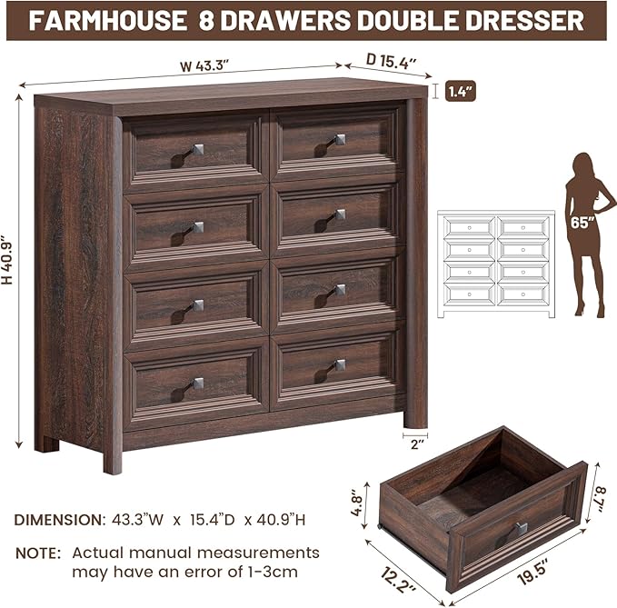 Farmhouse 8 Drawer Dresser for Bedroom, 41" Tall Wood Chest of Drawers, 43.3" Wide Dresser TV Stand, Storage Closet Drawer Organizer for Bedroom, Walnut