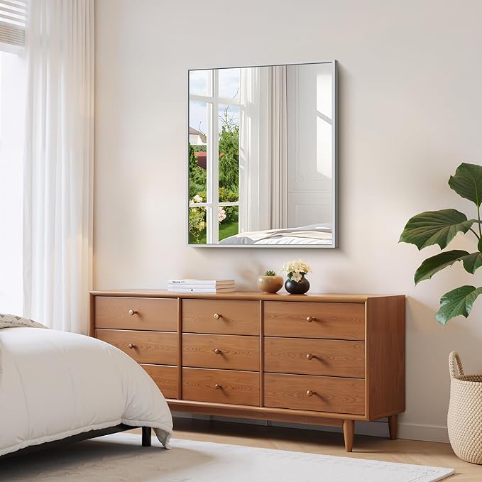 YIROMAN Bathroom Mirror 30"x36", Brushed Silver Bathroom Mirror for Over Sink with Aluminum Frame, Rectangular Vanity Mirror with Right Angles, Wall Mirror Hangs Horizontal or Vertical, Shatterproof