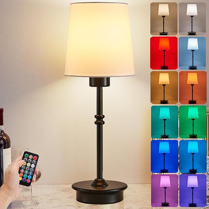 Rechargeable Cordless Table Lamp, Black Battery Operated Desk Lamps with Detachable LED Bulbs, 13 Colors Dimmable Bedside Lights for Bedroom, Bar, Night Light, Camping